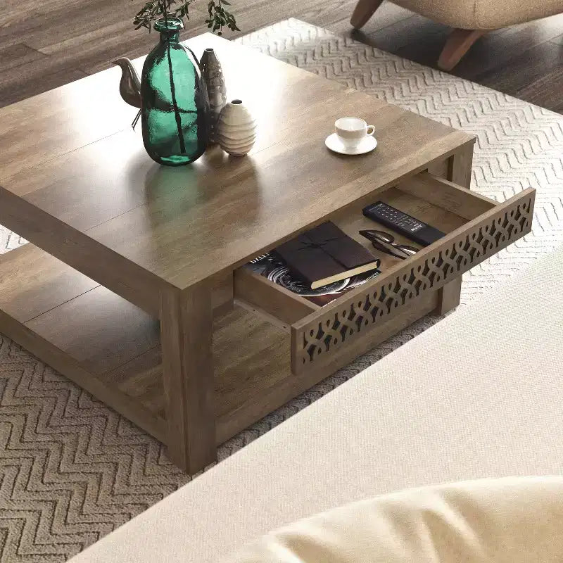 Tavolino da caffè quadrato Galano con cassetto intagliato 31.5 L 31.5 P 16.3 A