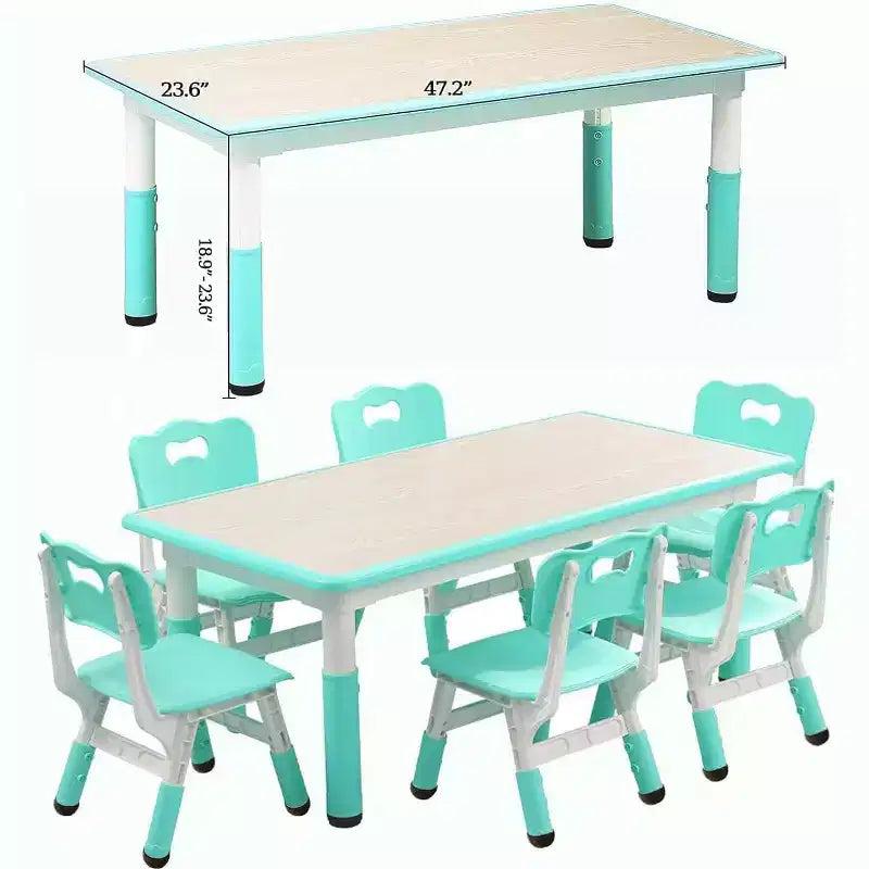 COZONY Set Tavolo e Sedie per Bambini 7 Pezzi, Tavolo Studio per Bambini Regolabile in Altezza con 1 Tavolo e 6 Sedie, Gambe Antiscivolo e Piano con Graffiti per la Casa