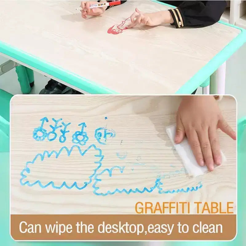 COZONY Set Tavolo e Sedie per Bambini 7 Pezzi, Tavolo Studio per Bambini Regolabile in Altezza con 1 Tavolo e 6 Sedie, Gambe Antiscivolo e Piano con Graffiti per la Casa