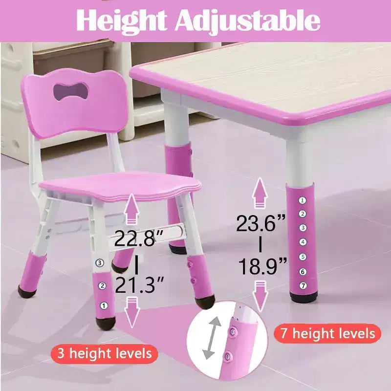 COZONY Set Tavolo e Sedie per Bambini 7 Pezzi, Tavolo Studio per Bambini Regolabile in Altezza con 1 Tavolo e 6 Sedie, Gambe Antiscivolo e Piano con Graffiti per la Casa