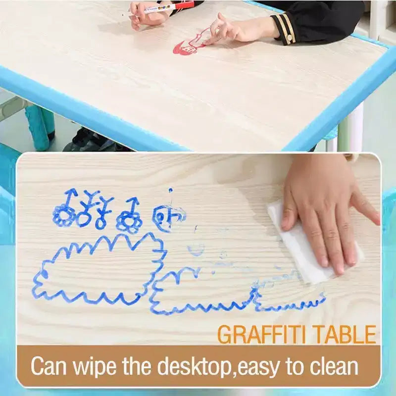 COZONY Set Tavolo e Sedie per Bambini 7 Pezzi, Tavolo Studio per Bambini Regolabile in Altezza con 1 Tavolo e 6 Sedie, Gambe Antiscivolo e Piano con Graffiti per la Casa
