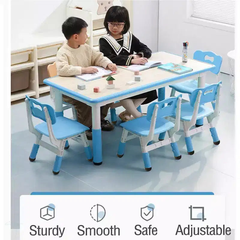 COZONY Set Tavolo e Sedie per Bambini 7 Pezzi, Tavolo Studio per Bambini Regolabile in Altezza con 1 Tavolo e 6 Sedie, Gambe Antiscivolo e Piano con Graffiti per la Casa