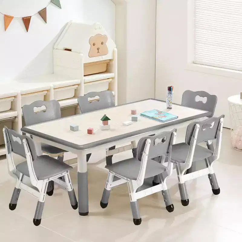 COZONY Set Tavolo e Sedie per Bambini 7 Pezzi, Tavolo Studio per Bambini Regolabile in Altezza con 1 Tavolo e 6 Sedie, Gambe Antiscivolo e Piano con Graffiti per la Casa