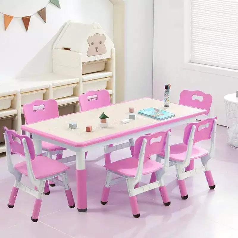 COZONY Set Tavolo e Sedie per Bambini 7 Pezzi, Tavolo Studio per Bambini Regolabile in Altezza con 1 Tavolo e 6 Sedie, Gambe Antiscivolo e Piano con Graffiti per la Casa