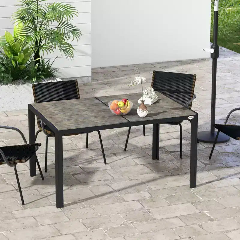 Tavolo da patio per 6 persone con struttura in alluminio, piano in finto legno, tavolo da esterno rettangolare per cortile, prato, balcone