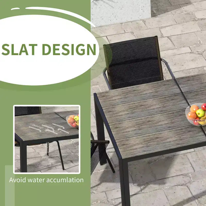 Tavolo da patio per 6 persone con struttura in alluminio, piano in finto legno, tavolo da esterno rettangolare per cortile, prato, balcone