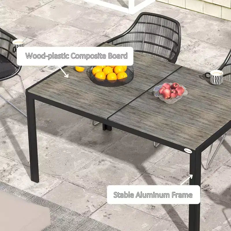 Tavolo da patio per 6 persone con struttura in alluminio, piano in finto legno, tavolo da esterno rettangolare per cortile, prato, balcone