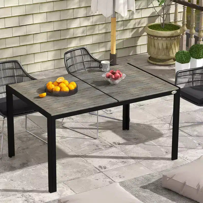 Tavolo da patio per 6 persone con struttura in alluminio, piano in finto legno, tavolo da esterno rettangolare per cortile, prato, balcone