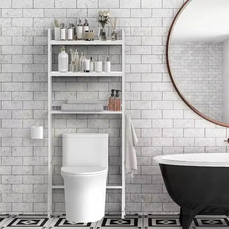 Mobile sopra wc a 3 ripiani per bagno, salvaspazio in legno bianco, organizer autoportante per bagno/lavanderia
