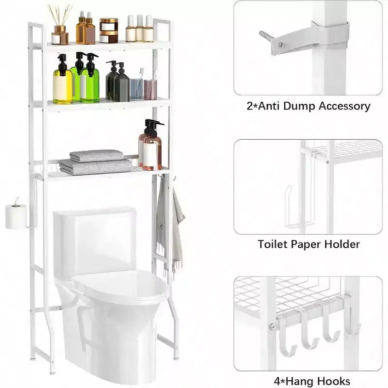 Mobile sopra wc a 3 ripiani per bagno, salvaspazio in legno bianco, organizer autoportante per bagno/lavanderia