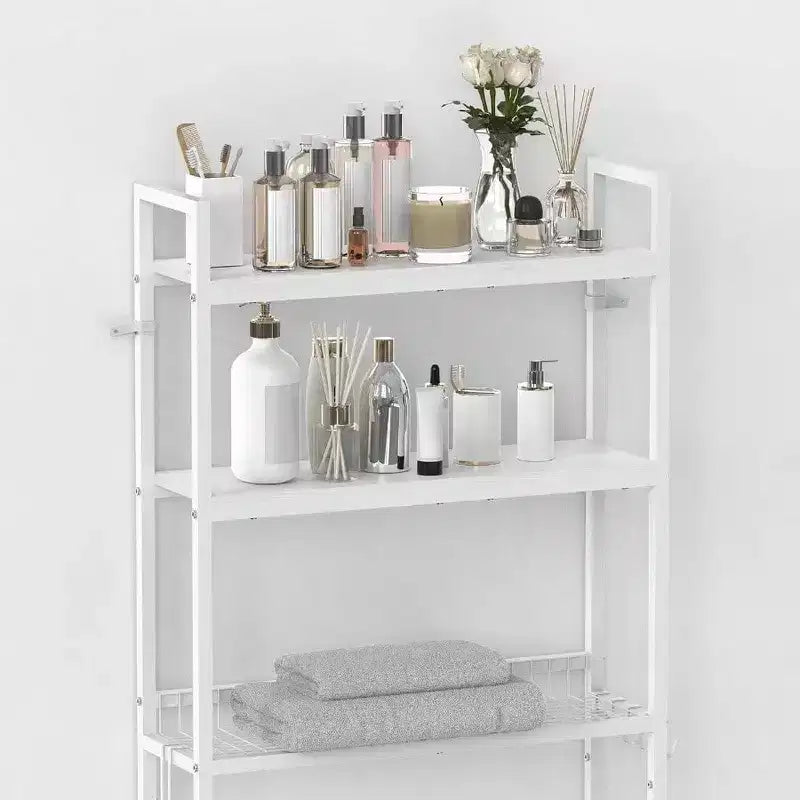 Mobile sopra wc a 3 ripiani per bagno, salvaspazio in legno bianco, organizer autoportante per bagno/lavanderia