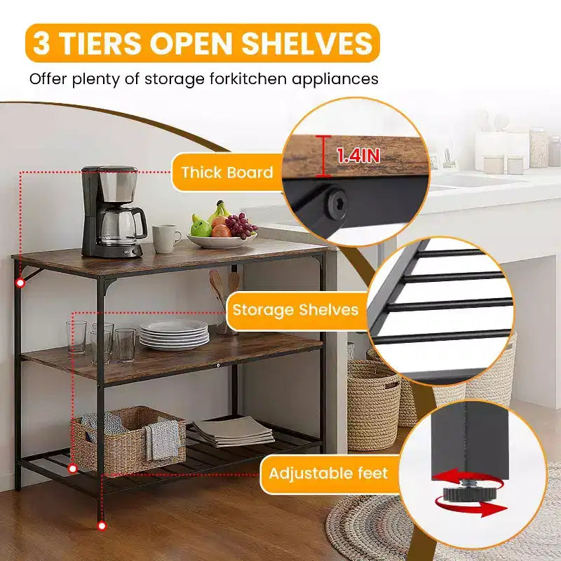 Carrello da cucina a 3 livelli BestMassage, larghezza 120 cm, scaffale da cucina per microonde, elettrodomestici e conservazione, marrone