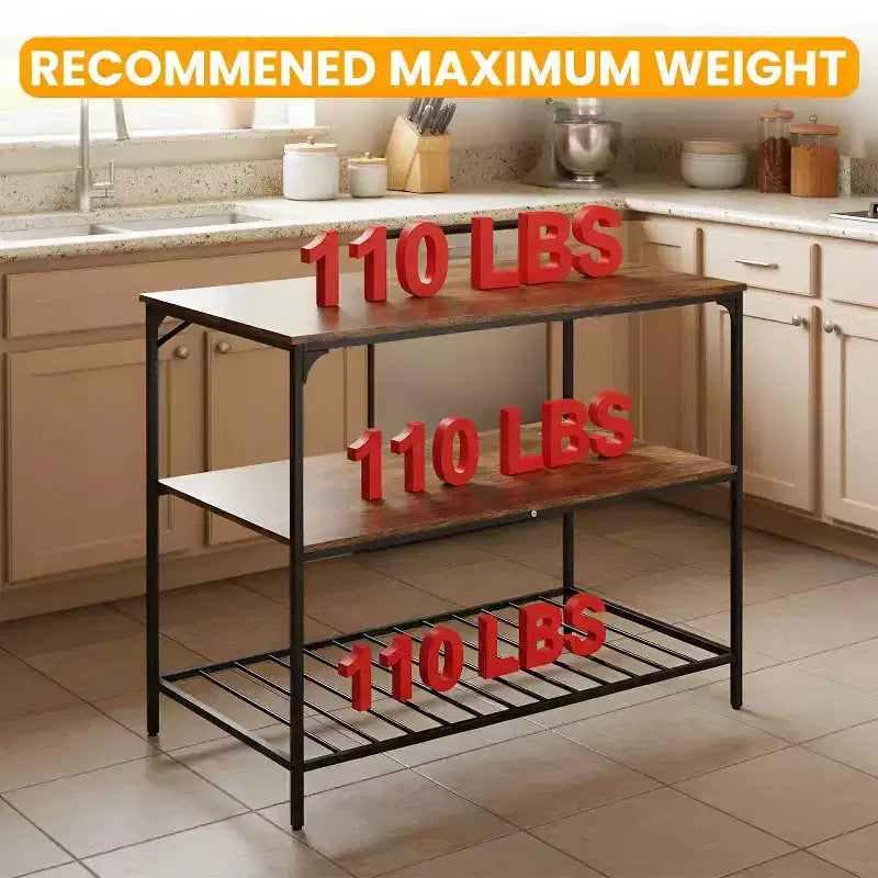 Carrello da cucina a 3 livelli BestMassage, larghezza 120 cm, scaffale da cucina per microonde, elettrodomestici e conservazione, marrone