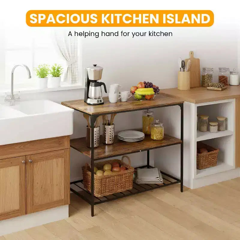 Carrello da cucina a 3 livelli BestMassage, larghezza 120 cm, scaffale da cucina per microonde, elettrodomestici e conservazione, marrone