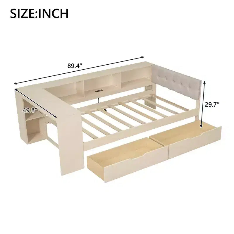 Letto a piattaforma singolo Luxystar con mensole portaoggetti, 2 cassetti, stazione di ricarica e testiera imbottita