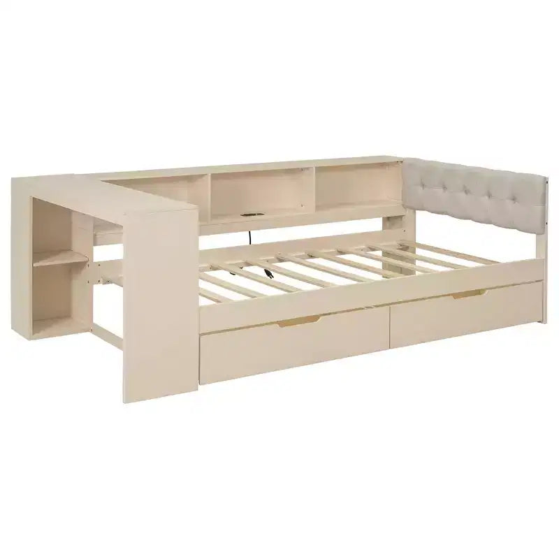 Letto a piattaforma singolo Luxystar con mensole portaoggetti, 2 cassetti, stazione di ricarica e testiera imbottita