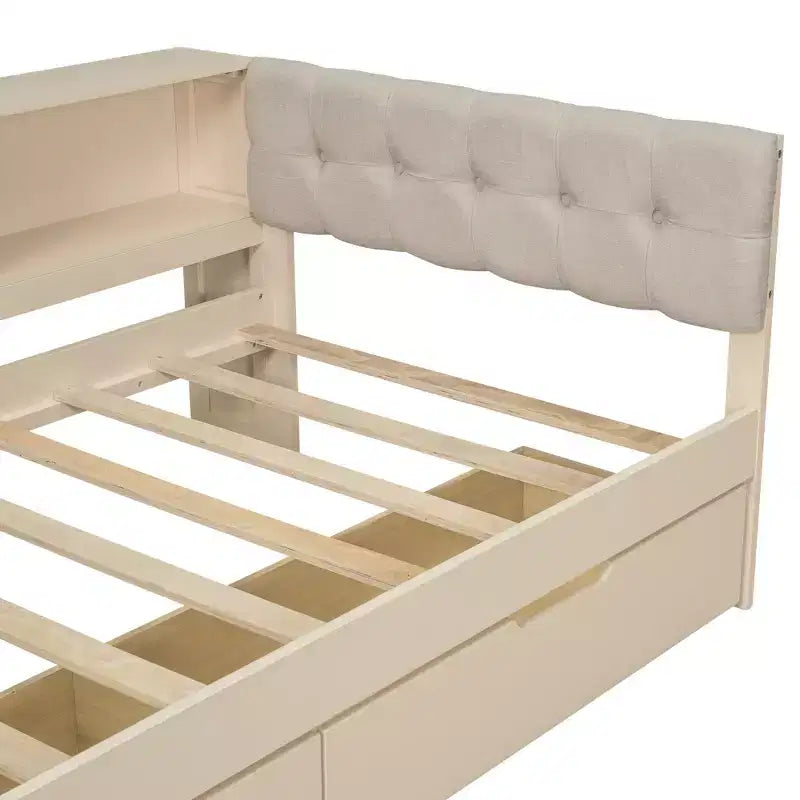 Letto a piattaforma singolo Luxystar con mensole portaoggetti, 2 cassetti, stazione di ricarica e testiera imbottita