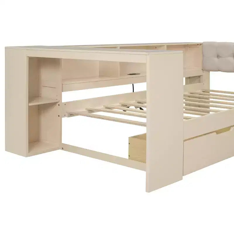Letto a piattaforma singolo Luxystar con mensole portaoggetti, 2 cassetti, stazione di ricarica e testiera imbottita