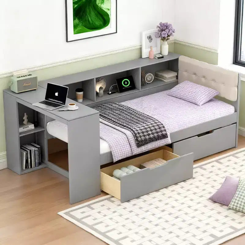 Letto a piattaforma singolo Luxystar con mensole portaoggetti, 2 cassetti, stazione di ricarica e testiera imbottita