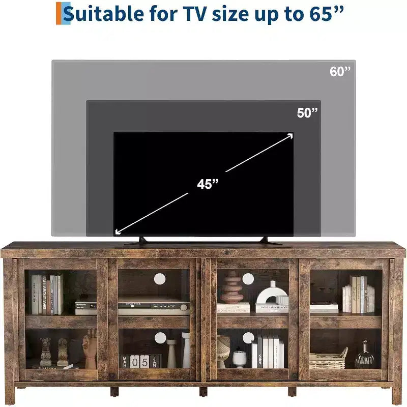 Mobile TV per TV da 65 pollici, Tavolino Porta TV Moderno con 4 Ante Scorrevoli in Vetro e Armadietto, Centro Intrattenimento per Soggiorno e Camera da Letto