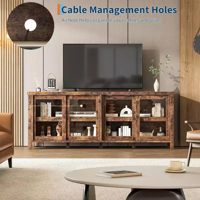 Mobile TV per TV da 65 pollici, Tavolino Porta TV Moderno con 4 Ante Scorrevoli in Vetro e Armadietto, Centro Intrattenimento per Soggiorno e Camera da Letto