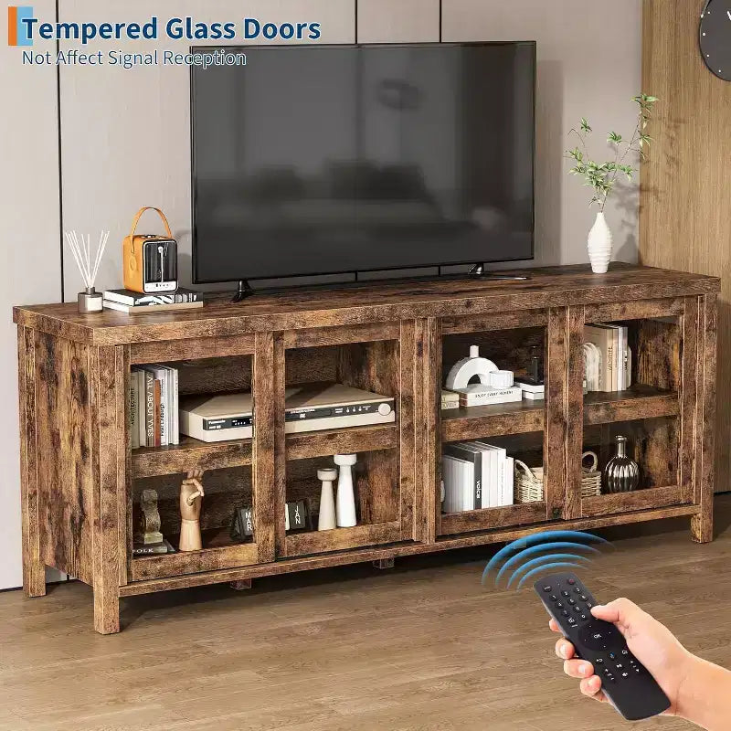 Mobile TV per TV da 65 pollici, Tavolino Porta TV Moderno con 4 Ante Scorrevoli in Vetro e Armadietto, Centro Intrattenimento per Soggiorno e Camera da Letto