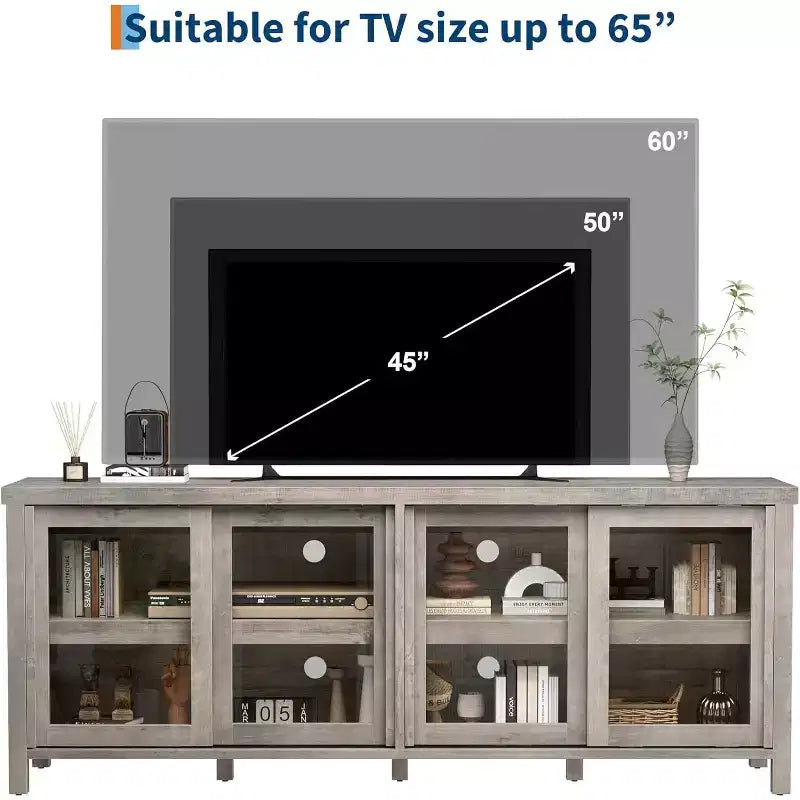 Mobile TV per TV da 65 pollici, Tavolino Porta TV Moderno con 4 Ante Scorrevoli in Vetro e Armadietto, Centro Intrattenimento per Soggiorno e Camera da Letto