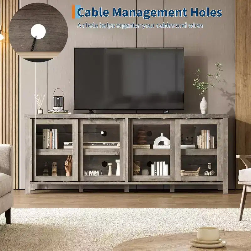 Mobile TV per TV da 65 pollici, Tavolino Porta TV Moderno con 4 Ante Scorrevoli in Vetro e Armadietto, Centro Intrattenimento per Soggiorno e Camera da Letto