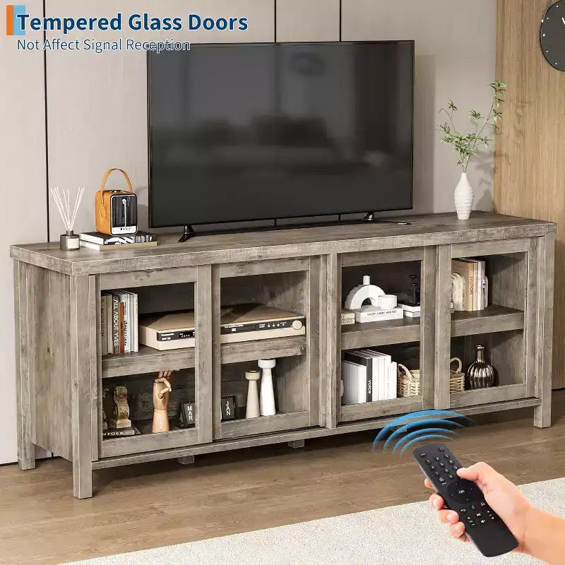 Mobile TV per TV da 65 pollici, Tavolino Porta TV Moderno con 4 Ante Scorrevoli in Vetro e Armadietto, Centro Intrattenimento per Soggiorno e Camera da Letto