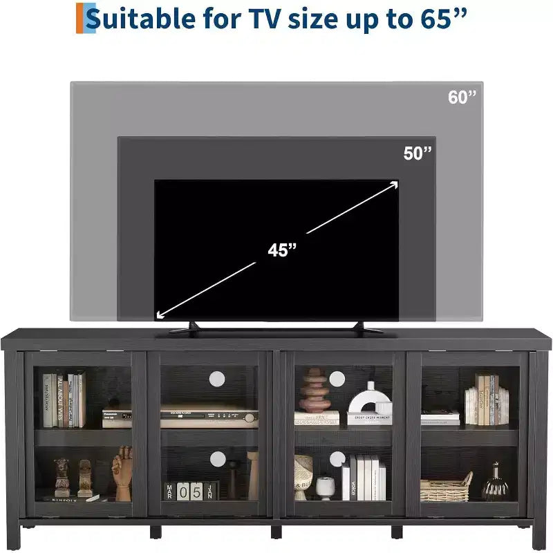 Mobile TV per TV da 65 pollici, Tavolino Porta TV Moderno con 4 Ante Scorrevoli in Vetro e Armadietto, Centro Intrattenimento per Soggiorno e Camera da Letto