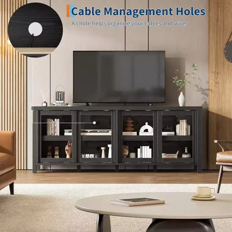 Mobile TV per TV da 65 pollici, Tavolino Porta TV Moderno con 4 Ante Scorrevoli in Vetro e Armadietto, Centro Intrattenimento per Soggiorno e Camera da Letto