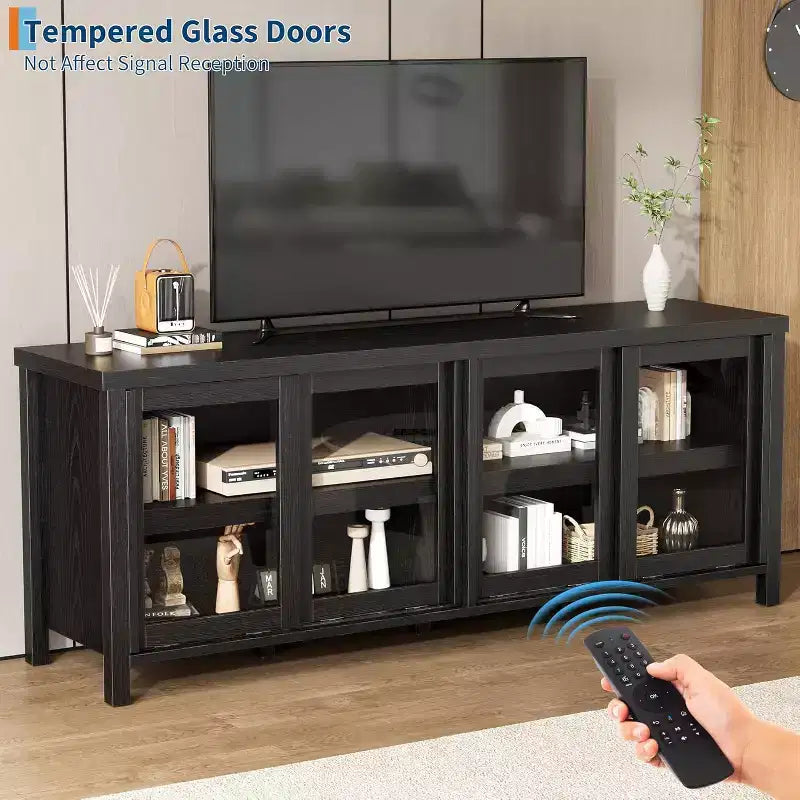 Mobile TV per TV da 65 pollici, Tavolino Porta TV Moderno con 4 Ante Scorrevoli in Vetro e Armadietto, Centro Intrattenimento per Soggiorno e Camera da Letto