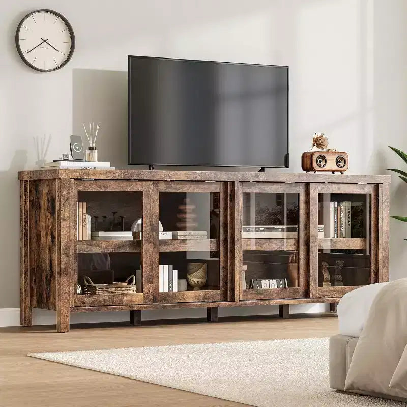 Mobile TV per TV da 65 pollici, Tavolino Porta TV Moderno con 4 Ante Scorrevoli in Vetro e Armadietto, Centro Intrattenimento per Soggiorno e Camera da Letto