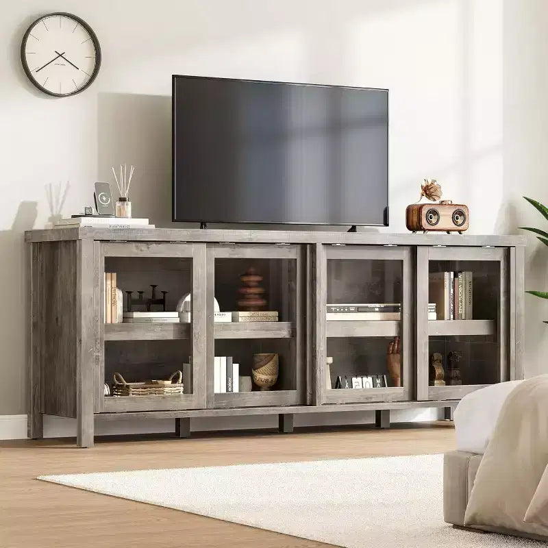 Mobile TV per TV da 65 pollici, Tavolino Porta TV Moderno con 4 Ante Scorrevoli in Vetro e Armadietto, Centro Intrattenimento per Soggiorno e Camera da Letto
