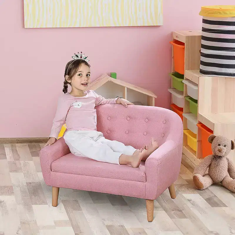 Divano per bambini a 2 posti, divanetto per bambini, divano-sedia in tessuto simil-lino e struttura in legno per età 3-7 anni, seduta alta 28 cm