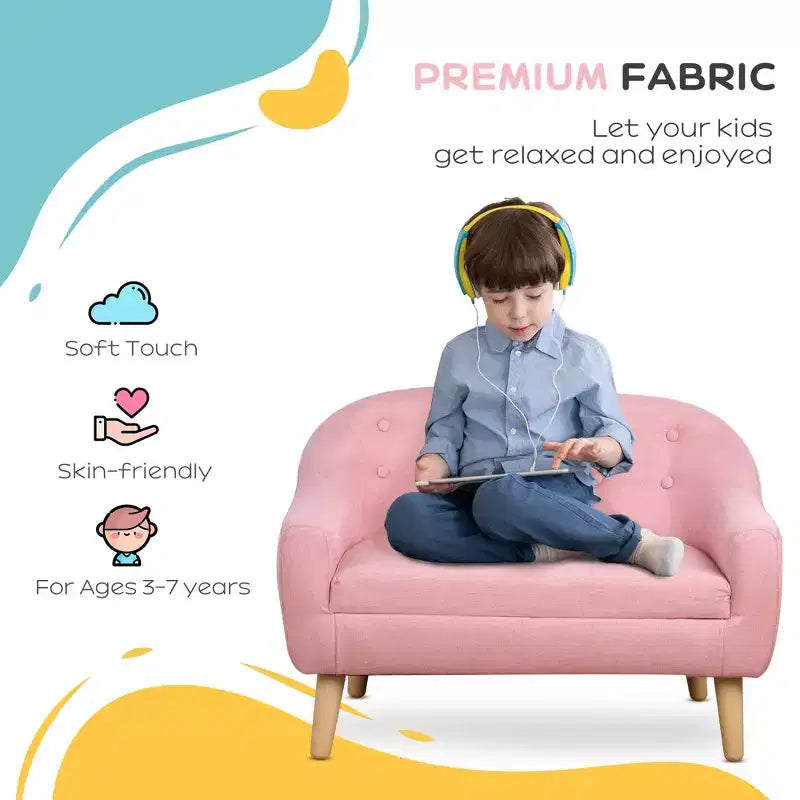 Divano per bambini a 2 posti, divanetto per bambini, divano-sedia in tessuto simil-lino e struttura in legno per età 3-7 anni, seduta alta 28 cm