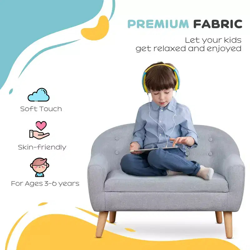 Divano per bambini a 2 posti, divanetto per bambini, divano-sedia in tessuto simil-lino e struttura in legno per età 3-7 anni, seduta alta 28 cm