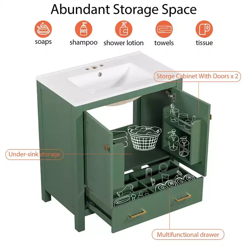 Mobile bagno da 30 pollici con lavabo in ceramica, struttura in legno massello, mobiletto sottolavabo moderno con ante e cassetti a chiusura ammortizzata