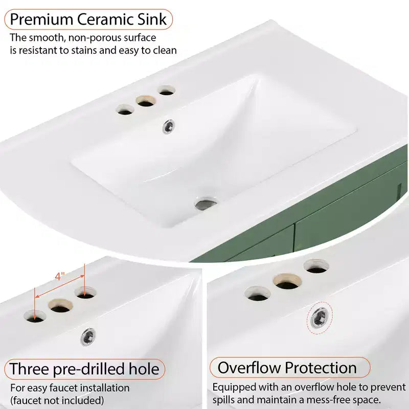 Mobile bagno da 30 pollici con lavabo in ceramica, struttura in legno massello, mobiletto sottolavabo moderno con ante e cassetti a chiusura ammortizzata