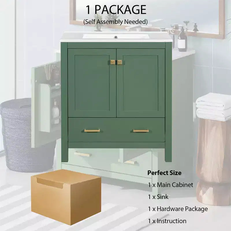 Mobile bagno da 30 pollici con lavabo in ceramica, struttura in legno massello, mobiletto sottolavabo moderno con ante e cassetti a chiusura ammortizzata