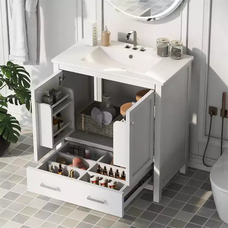Mobile bagno da 30 pollici con lavabo in ceramica, struttura in legno massello, mobiletto sottolavabo moderno con ante e cassetti a chiusura ammortizzata