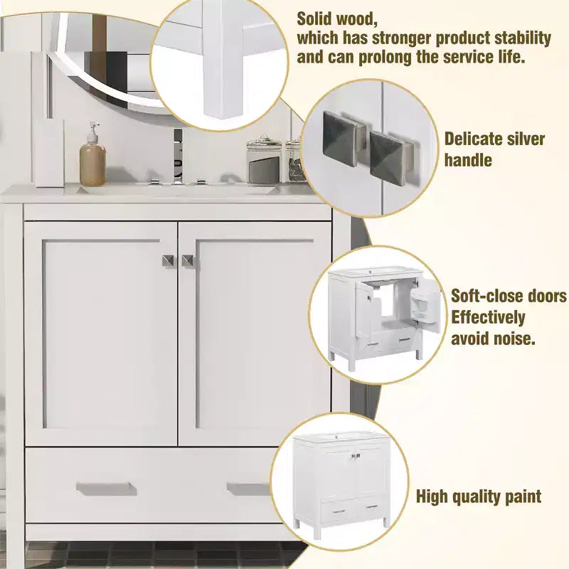 Mobile bagno da 30 pollici con lavabo in ceramica, struttura in legno massello, mobiletto sottolavabo moderno con ante e cassetti a chiusura ammortizzata