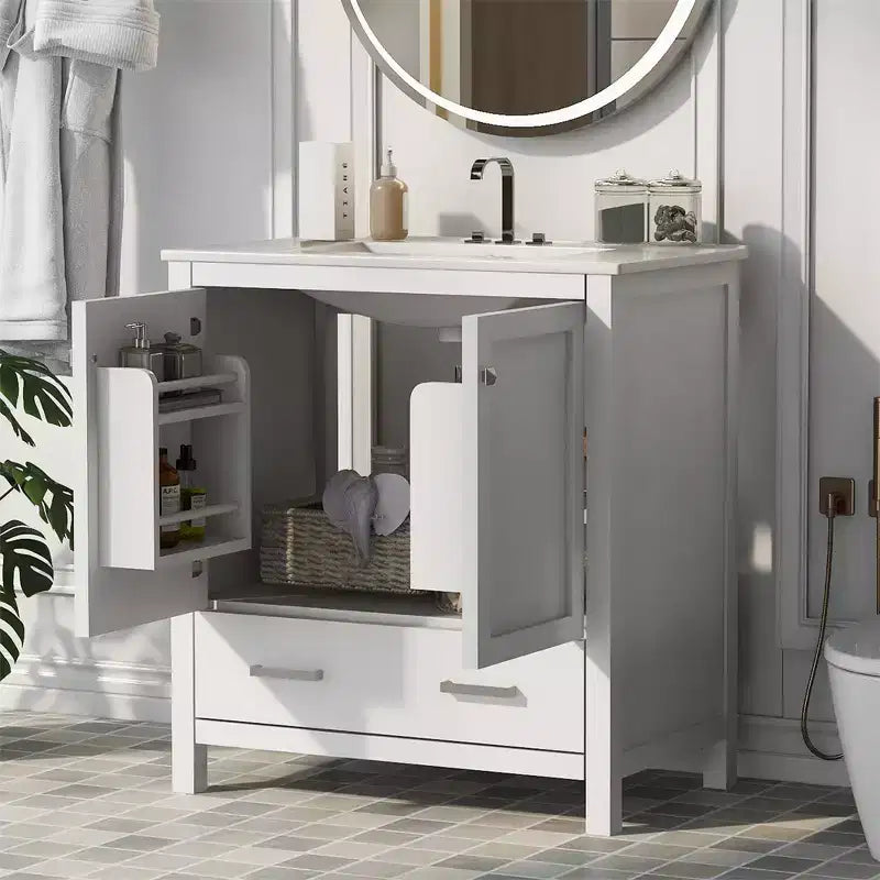 Mobile bagno da 30 pollici con lavabo in ceramica, struttura in legno massello, mobiletto sottolavabo moderno con ante e cassetti a chiusura ammortizzata