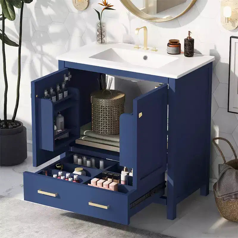 Mobile bagno da 30 pollici con lavabo in ceramica, struttura in legno massello, mobiletto sottolavabo moderno con ante e cassetti a chiusura ammortizzata