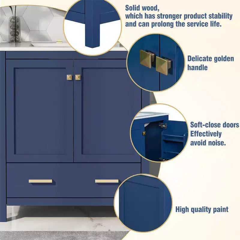 Mobile bagno da 30 pollici con lavabo in ceramica, struttura in legno massello, mobiletto sottolavabo moderno con ante e cassetti a chiusura ammortizzata