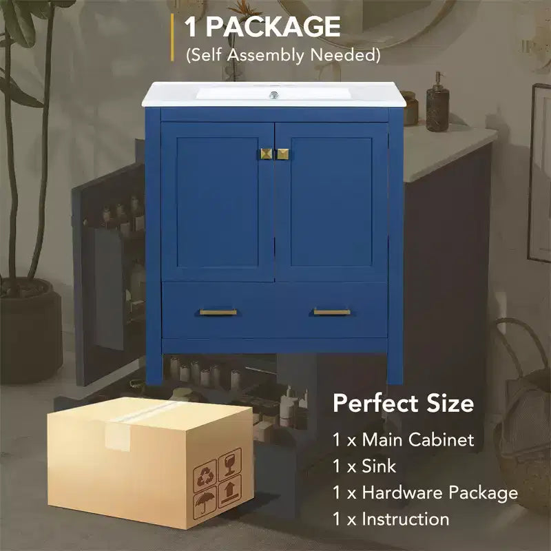 Mobile bagno da 30 pollici con lavabo in ceramica, struttura in legno massello, mobiletto sottolavabo moderno con ante e cassetti a chiusura ammortizzata