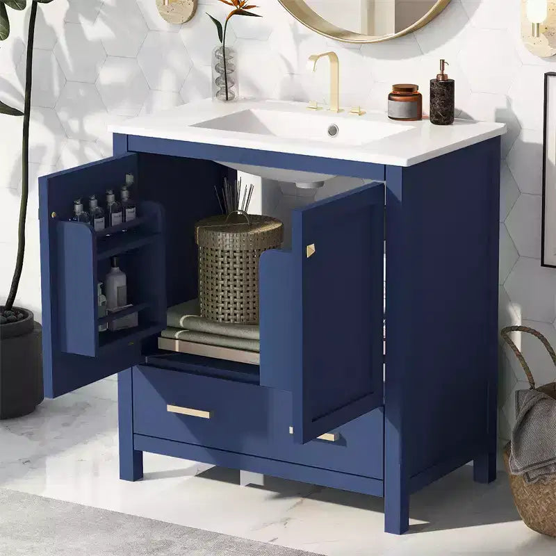 Mobile bagno da 30 pollici con lavabo in ceramica, struttura in legno massello, mobiletto sottolavabo moderno con ante e cassetti a chiusura ammortizzata