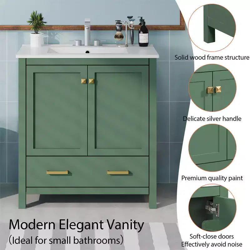 Mobile bagno da 30 pollici con lavabo in ceramica, struttura in legno massello, mobiletto sottolavabo moderno con ante e cassetti a chiusura ammortizzata