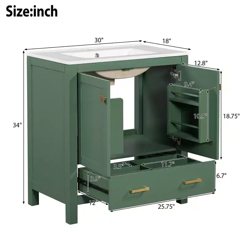 Mobile bagno da 30 pollici con lavabo in ceramica, struttura in legno massello, mobiletto sottolavabo moderno con ante e cassetti a chiusura ammortizzata