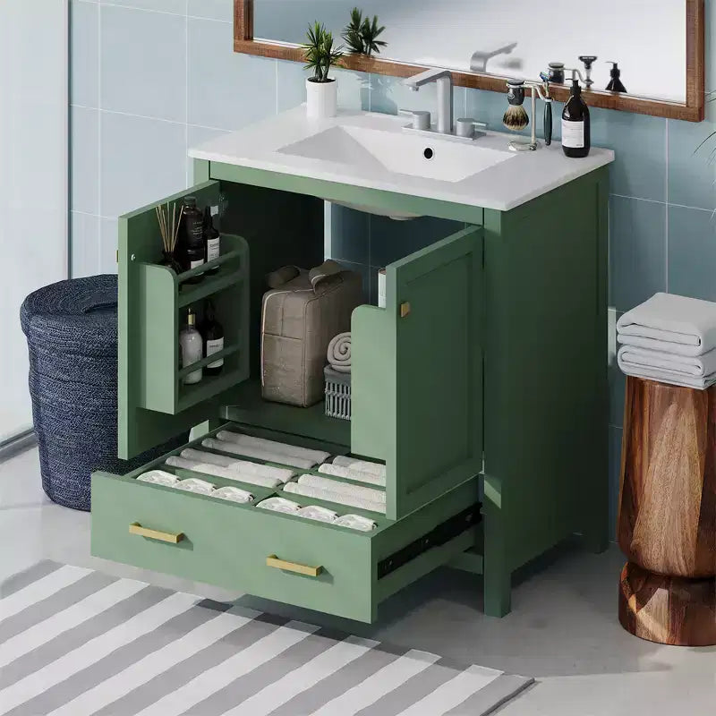 Mobile bagno da 30 pollici con lavabo in ceramica, struttura in legno massello, mobiletto sottolavabo moderno con ante e cassetti a chiusura ammortizzata